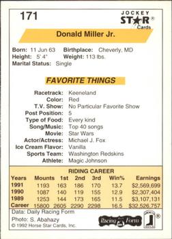 1992 Jockey Star #171 Donald Miller Jr. Back